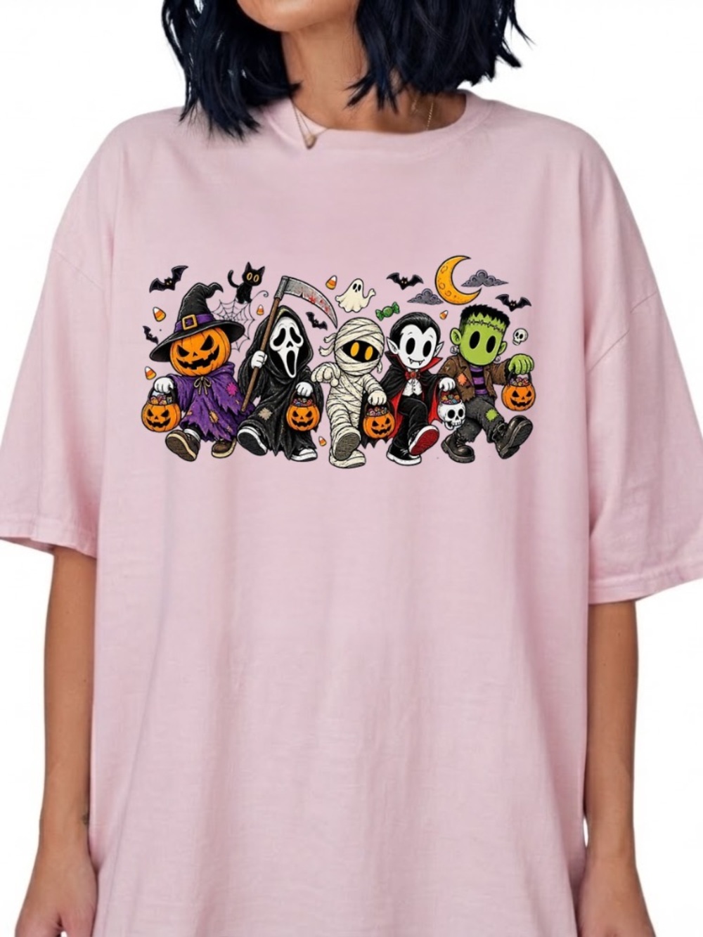 Cute Halloween Characters Trick Or Treat Spooky Vintage Light Pink T-Shirt